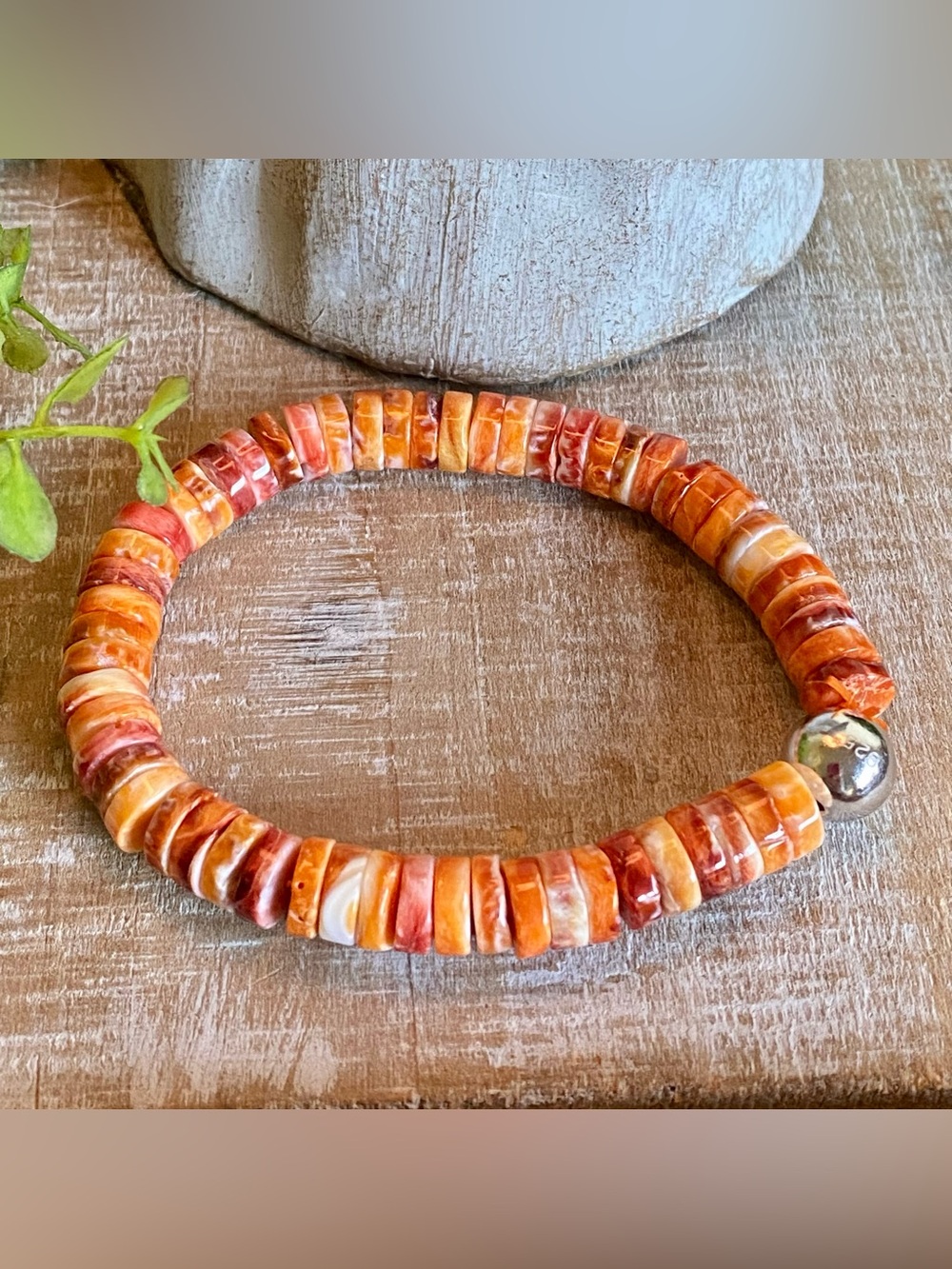 B1 Orange spiny oyster bracelet sterling southwestern beach sz 7.5 stretch